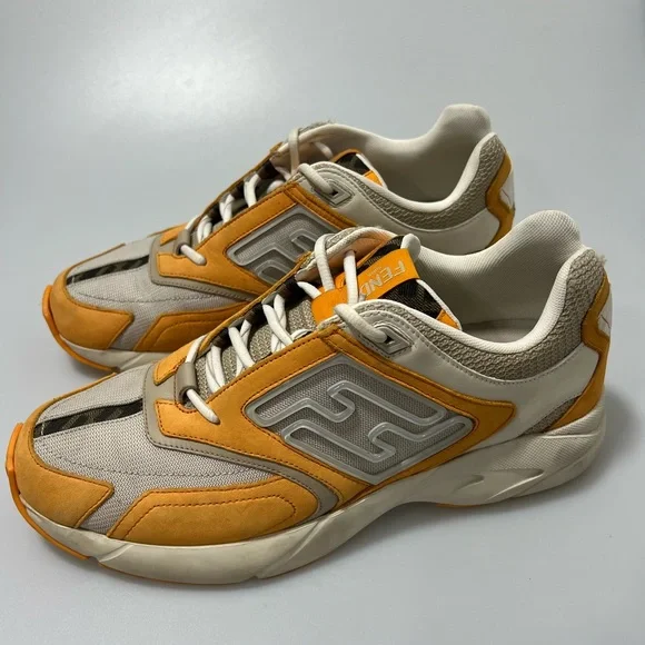 Fendi Men\'s Orange Faster Ff-embossed Detailed Low-top Sneakers Men’s 8. Fendi Orange Ff-Embossed Leather Trainers Size 8 US main image 3